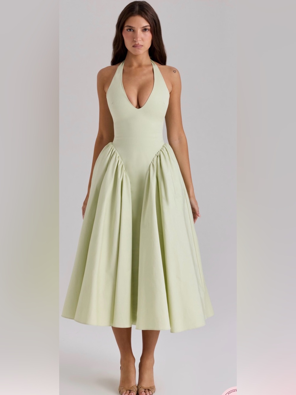 New House of CB ’Marilyn’ Pistachio Cotton Halter Midi Sundress